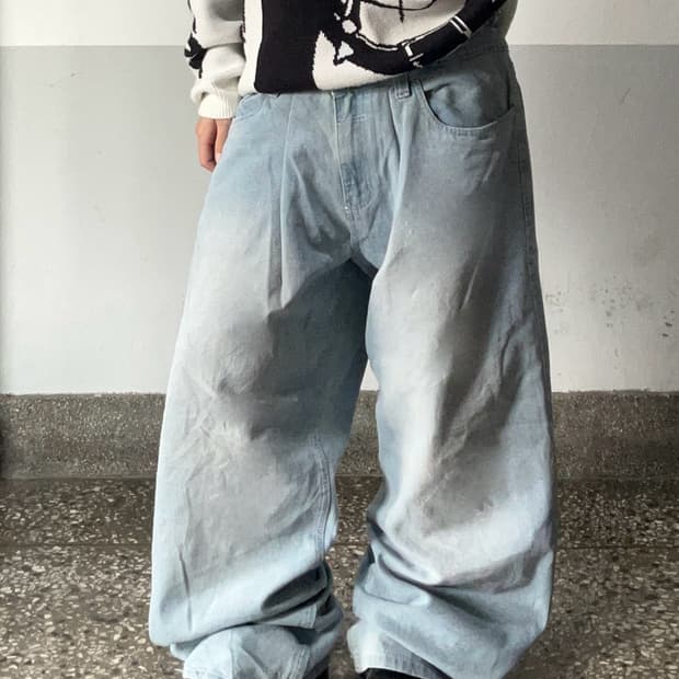 90s 아이스워싱 데님 스티치 와이드 팬츠