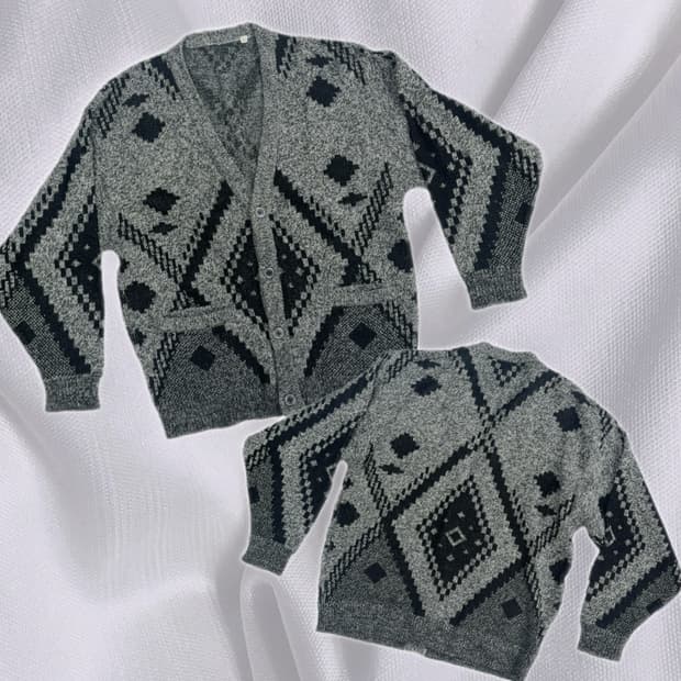 아가일 에스닉 패턴 보헤미안 루즈핏 블랙 니트 가디건 