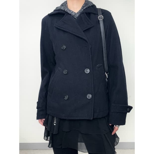 빈티지 블랙 울 하프 더블코트