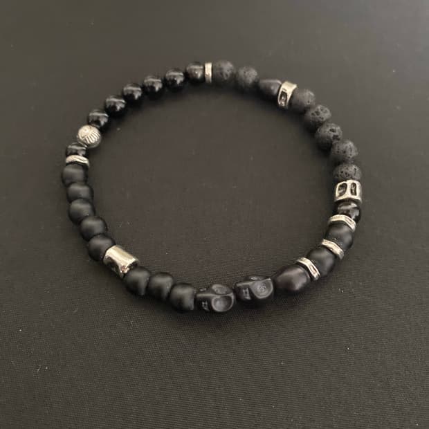 블랙  스컬 레이어드 팔찌 6mm