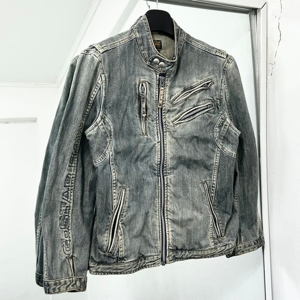 지스타로우 테크니컬 데님 바이커 자켓