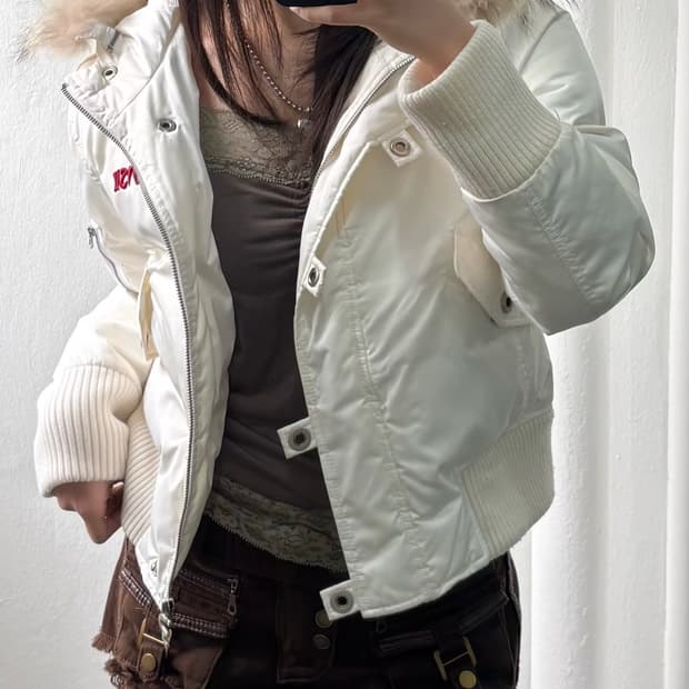 Evisu White Fur Hood Short Padded Jacket