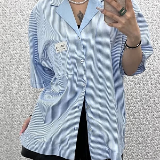 마뗑킴 빈티지 캐주얼 스트라이프 오버핏 파자마 셔츠 L C13273