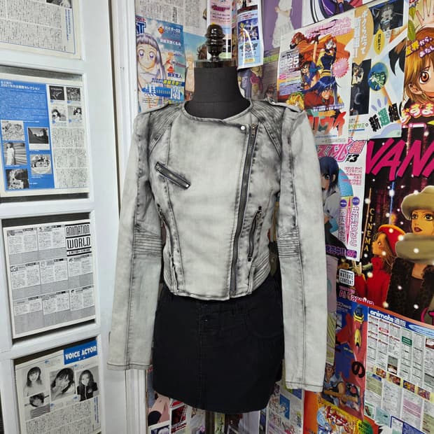 빈티지 펑크 그레이 워싱 코튼 슬림핏 바이커 자켓