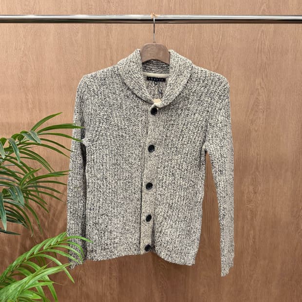 띠어리 숄카라 울 니트 가디건 전면 버튼 립 조직 디테일 아이보리 블랙