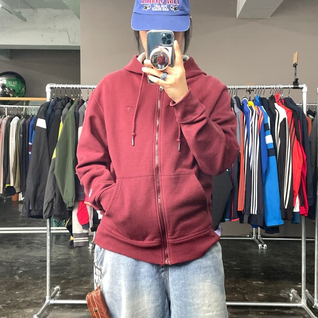 챔피온 버건디 후드 집업 자켓(기모)