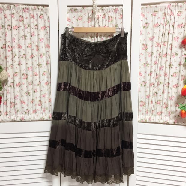 빈티지 카키 그라데이션 벨벳 스커트