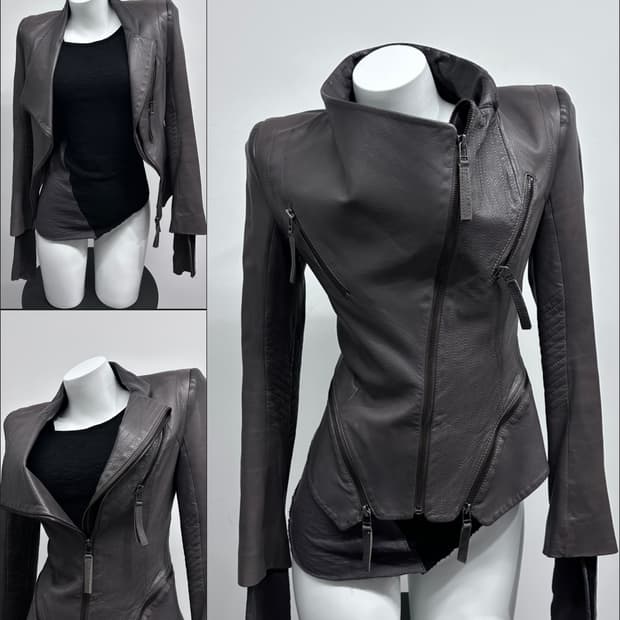 오브제 사선 드레이프 램스킨 자켓