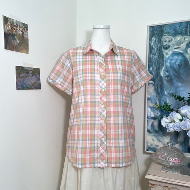 coral pastel check cotton half shirt