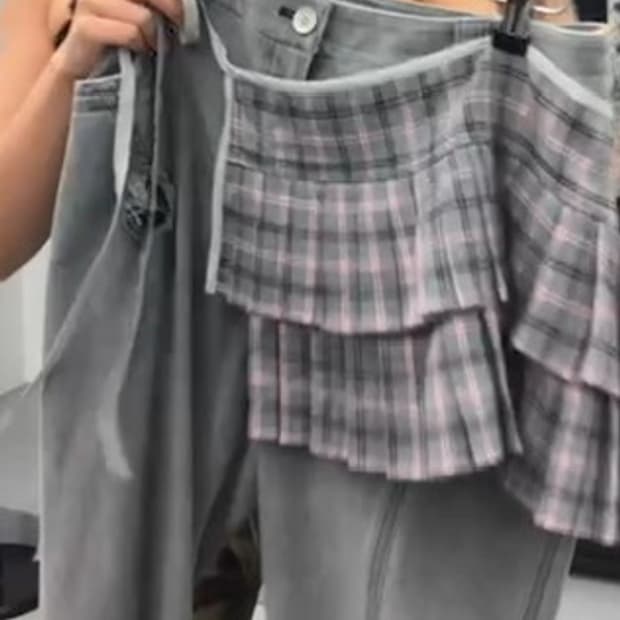 큐빈티지 레이어드 체크 스커트 팬츠 세트 