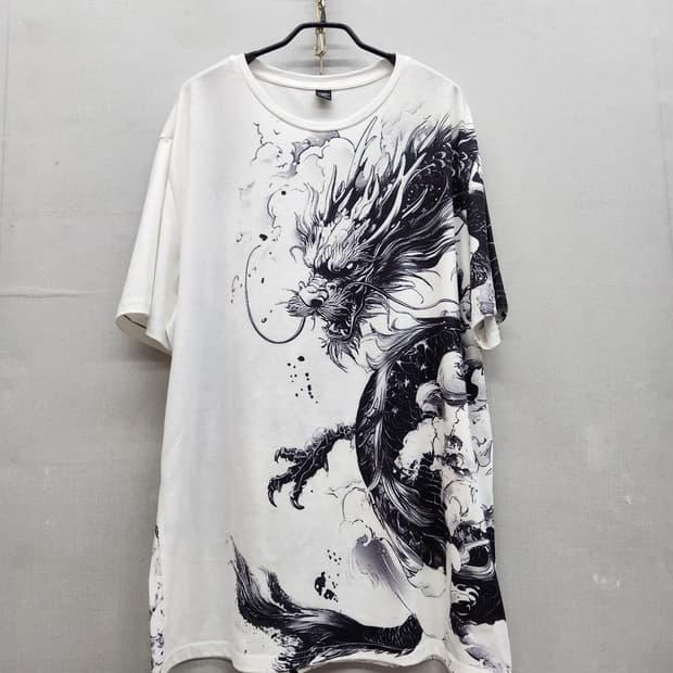 빈티지 수묵화 용 그래픽 프린팅 반팔티 XXL(XL)