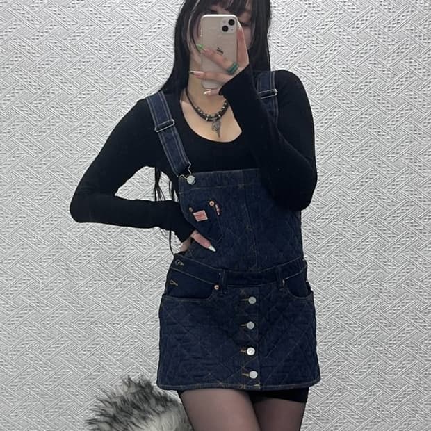 RNA 빈티지 레트로 키치 퀄팅 데님 멜빵 미니 원피스 M C08947