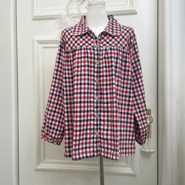 red navy check mori shirring loose shirt