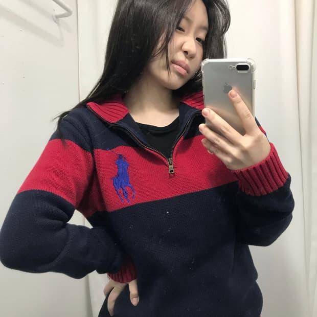 폴로 스트라이프 배색 빅포니 하프 집업 니트