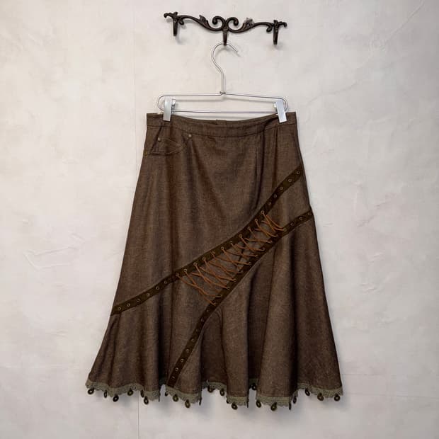 Brown oriental detail laceup flare skirt