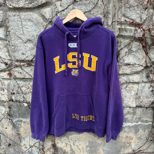 P2 usa 빈티지 러셀 컬리지 자수 후드티 후드 m 퍼플