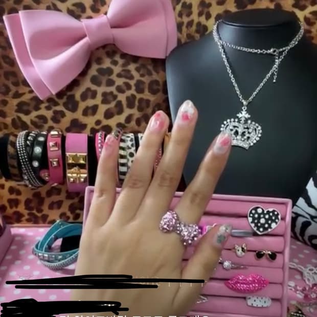 빈티지 갸루 리본 큐빅 핑크 반지