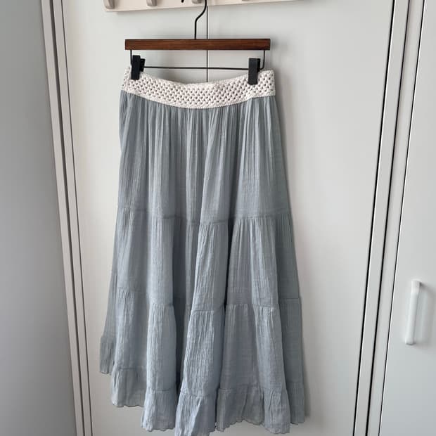 Vintage 연하늘 주름 레이스 롱스커트