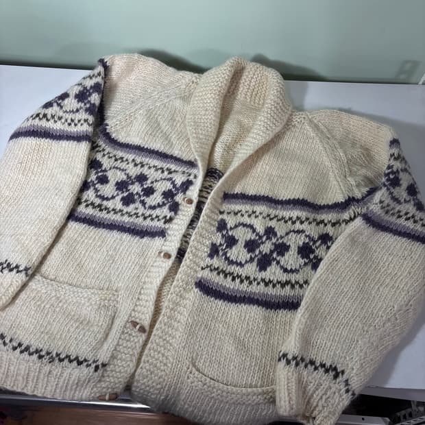 M VTG 아이보리 자카드 더플 코위찬 가디건