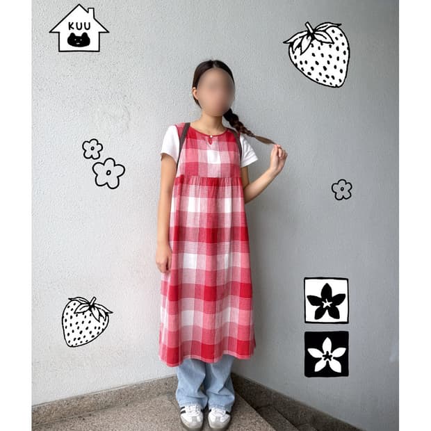 레이어드 레드체크 원피스