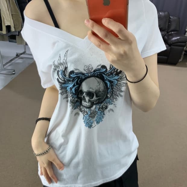 할리데이비슨 빈티지 해골 프린팅 브이넥 반팔 티셔츠 남녀공용 XL
