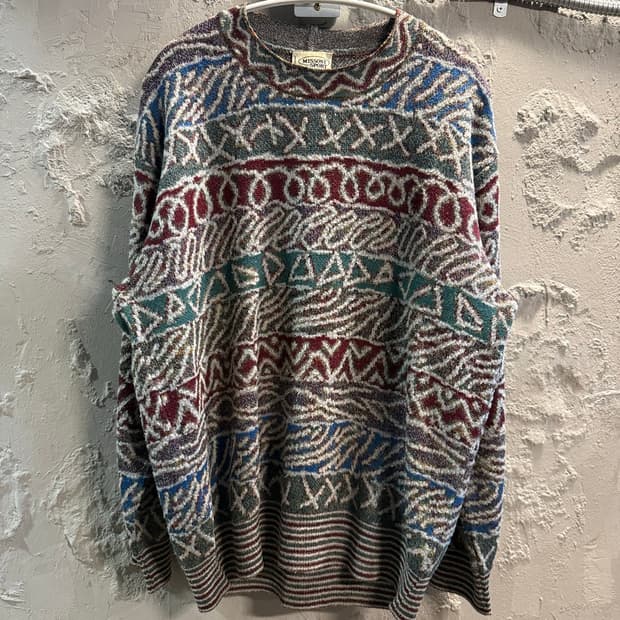 50 미쏘니MISSONI 에스닉 기하학 패턴 크루넥 빈티지 니트