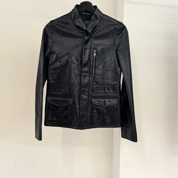 폴로 진스 블랙 카프 스킨 바이커 자켓