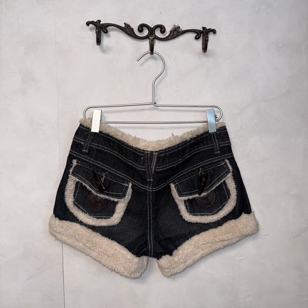 Black denim y2k duffle button fur shorts