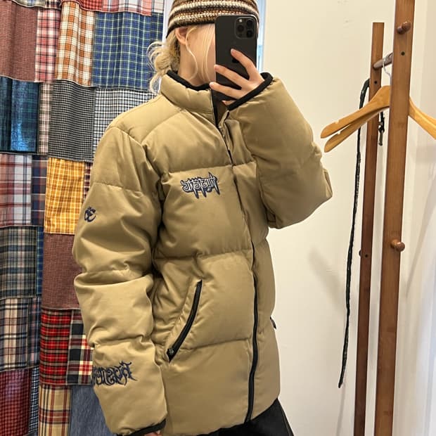 히스테릭글래머 카키베이지 로고 퀄팅 패딩