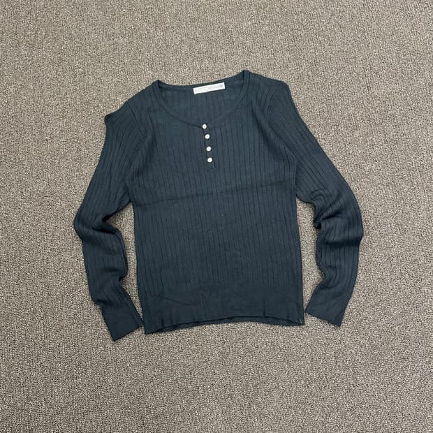 OS)Japanese vintage 여성 v넥 버튼 골지 롱슬리브