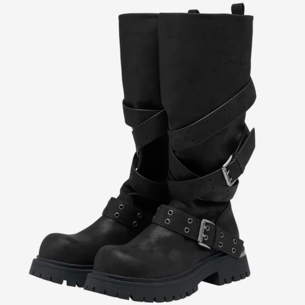 (구해요) 블랙퍼플 러스크 스트랩 슬라우치드 부츠 230