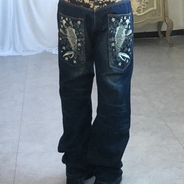 Oriental patch point denim pants