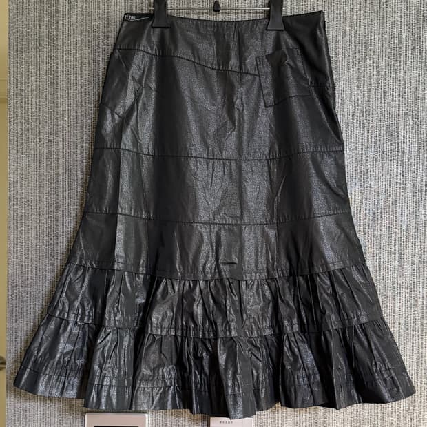 지주 ZIZOU 다크 그레이 메탈릭 프릴 셔링 캉캉 롱 스커트 치마 77