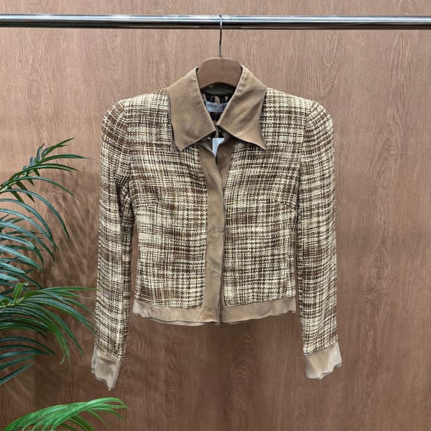 돌체앤가바나 트위드 스웨이드 콤비 자켓 레오파드 실크 안감 디테일 브라운