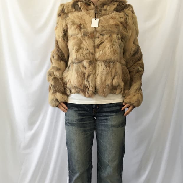 Rabbit fur hood zip up jacket