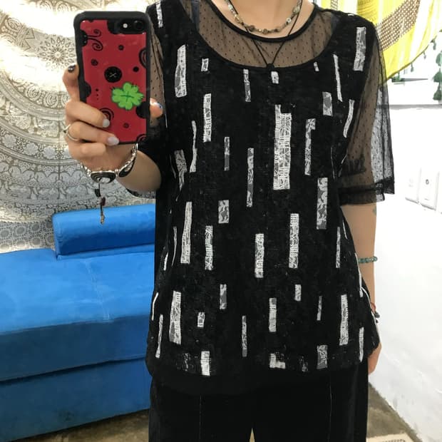 빈티지 여성 디테일 시스루 레이어드 반팔 티 (Z1370)