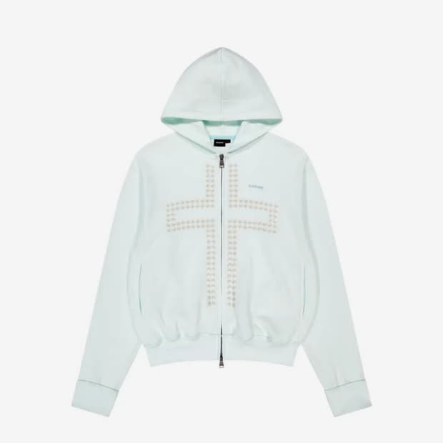 Cross Rhinestone Zip-Up Hoodie (Ice Blue