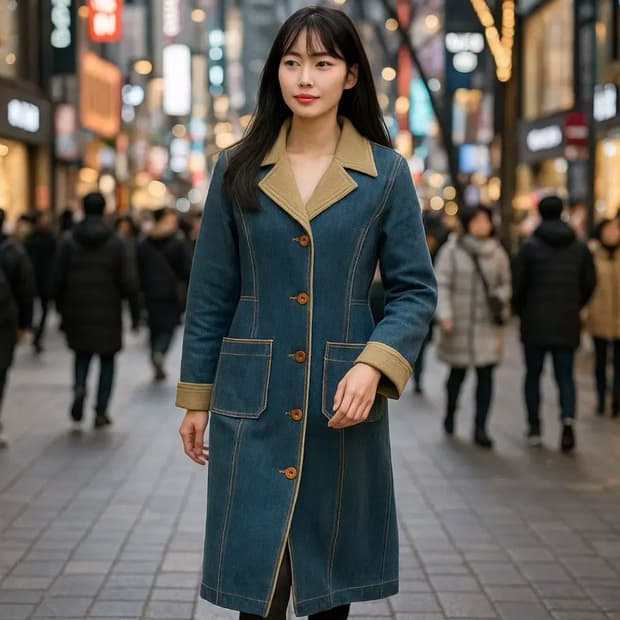 Mouti:f 빈티지 데님 배색 롱코트