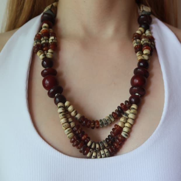 ethnic wooden & bead layered necklace