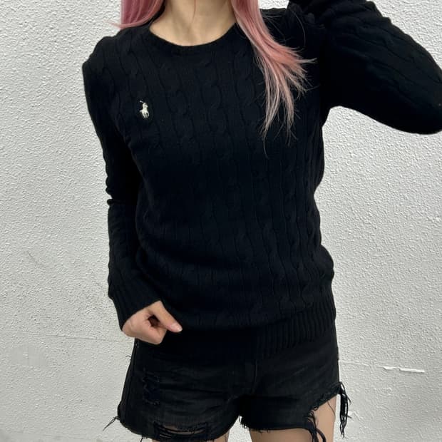 폴로 랄프로렌 화이트포니 블랙 꽈배기 울 니트 S