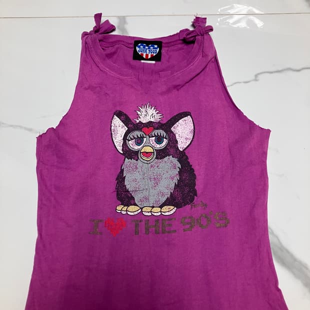 Y2K 2000s 정크푸드 기즈모 프린트 리본 타이 빈티지 티 리폼