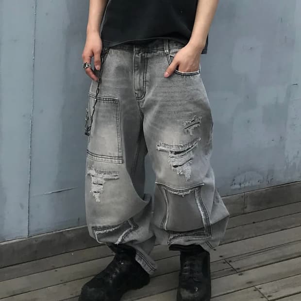기철 Square Patch Cut Wide Denim Pants