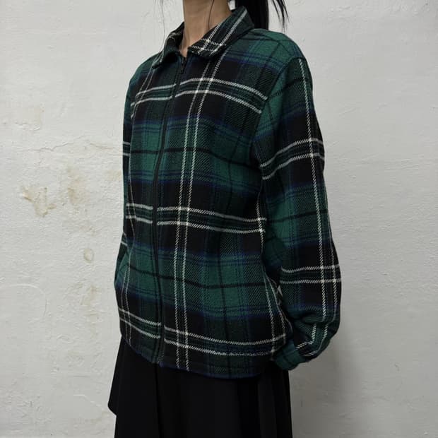 스투시(STUSSY) 그린컬러 플레이드 패턴 울 혼방 집업 블루종 자켓
