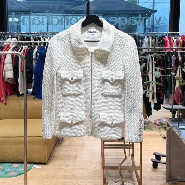 샤넬 화이트 트위드 블루종 자켓 