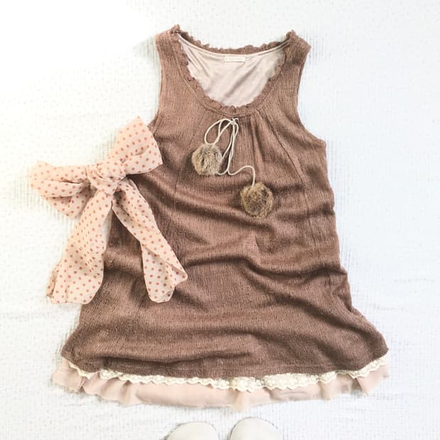 JPN/ 모리걸레이어드원피스 폼폼이원피스 브라운 민소매 원피스 라떼갸루