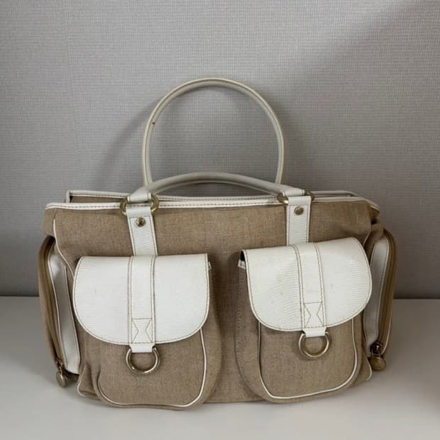 프랑스 란셀 베이지 캔버스 화이트 가죽 토트백 프렌치
