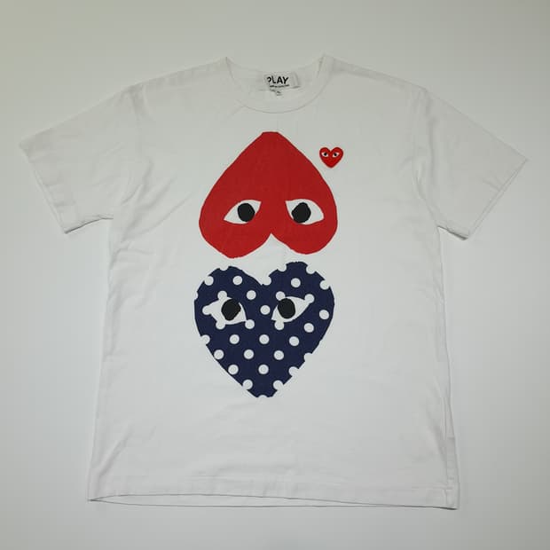 CK079 XL 꼼데가르송플레이 일본판 멀티하트도트 화이트 반팔 티셔츠