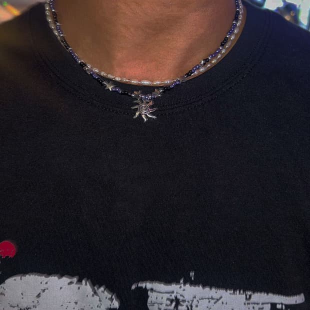 Navy sunstone bead necklace 실착샷입니다!