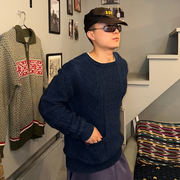 Blue Blue Japan indigo cable pocket knit