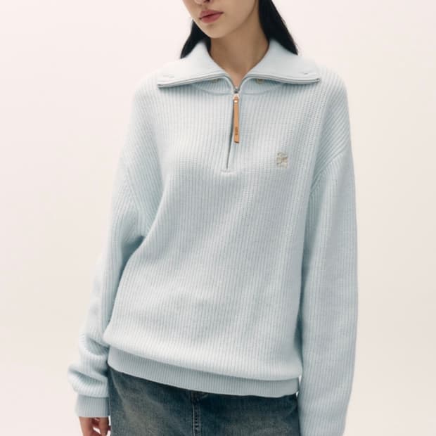 SATUR 세터 버튼 업 세일러 하프 니트 집업 라이트 블루 S